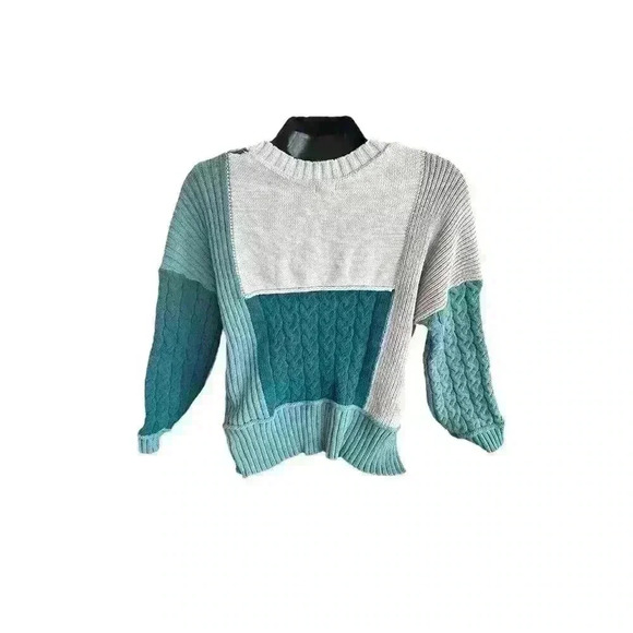 POL Womens Size Medium M  Sweater Green Cream Quilted Cable Knit Vneck Boho - Picture 10 of 13